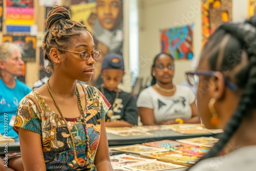 Group of Diverse Students Engaging in Classroom Discussion with Artwork in Background