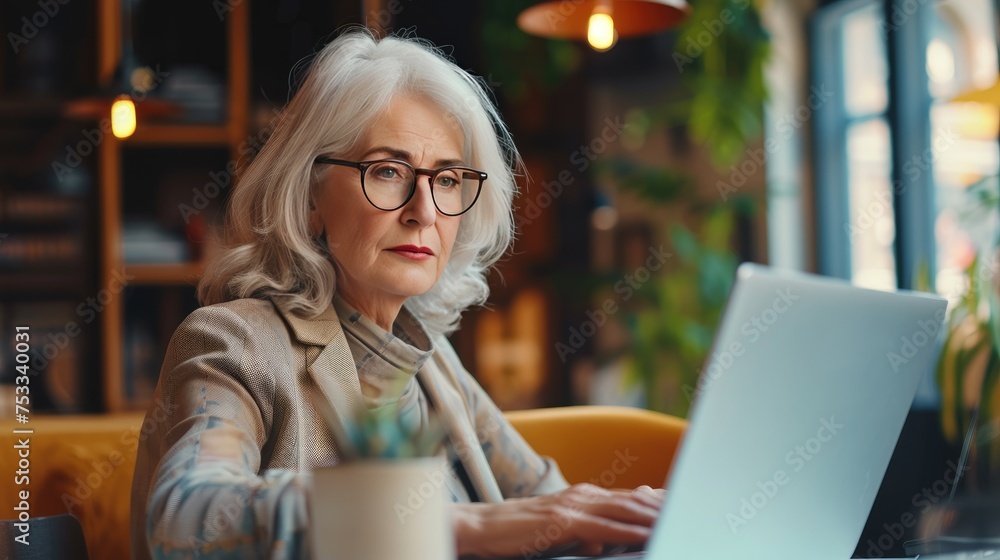 Woman works on a laptop