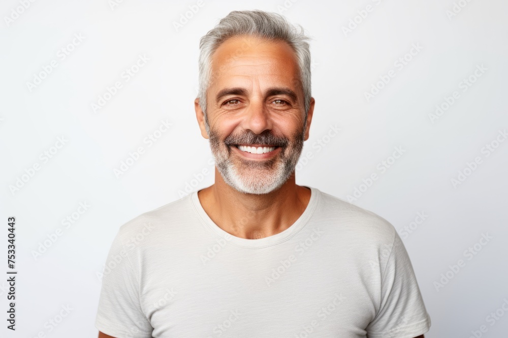 Portrait of a happy senior man smiling at the camera while standing against grey background Portrait of a happy senior man smiling at the camera while standing against grey background