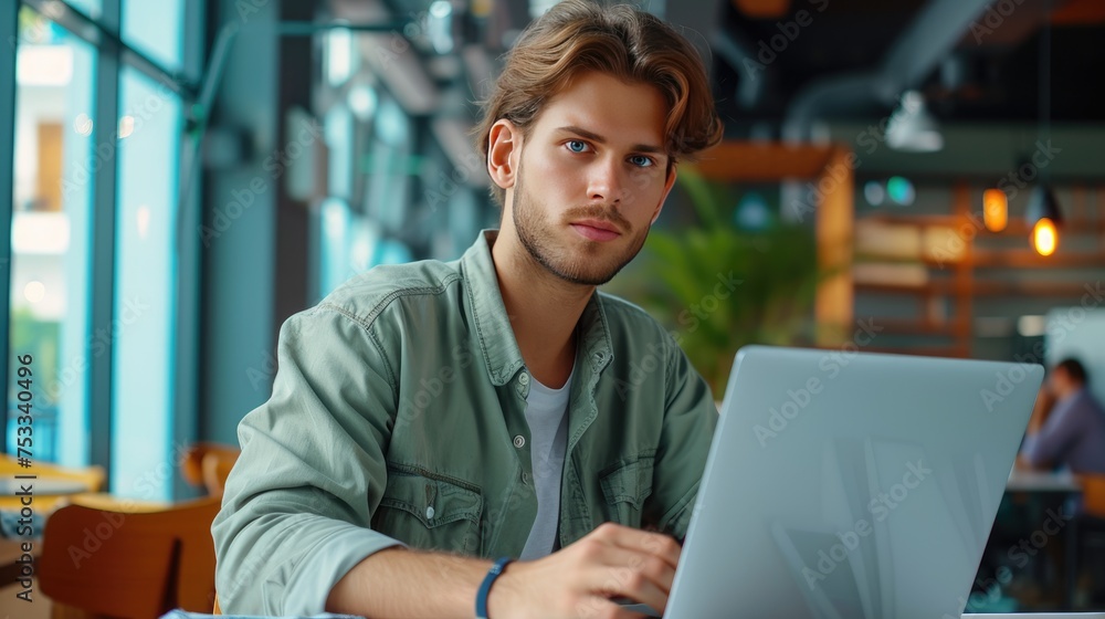 Fototapeta premium Man works on a laptop 