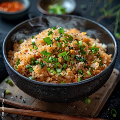 Experience the rich aroma and flavor of Japanese-style garlic fried rice. This mouth-watering dish uses soft rice expertly stir-fried with leeks. It creates a mellow taste and texture.