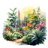 Design of a botanical garden, vibrant watercolors, lush foliage, natural beauty, on white background.[A-0001]