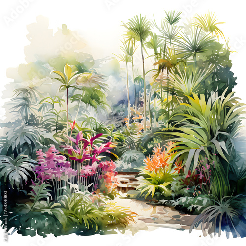 Design of a botanical garden  vibrant watercolors  lush foliage  natural beauty  on white background. A-0003 