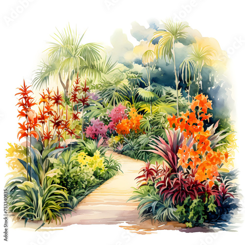 Design of a botanical garden  vibrant watercolors  lush foliage  natural beauty  on white background. A-0002 