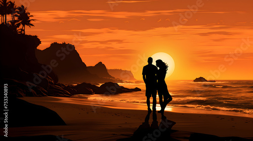 Silhouettes of A Loving Couple Embracing Under an Enchanting Sunset on a Serene Beach  © Leon