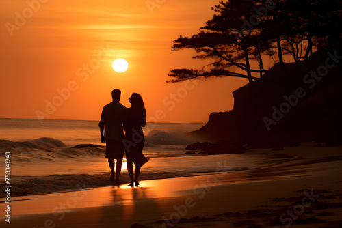 Silhouettes of A Loving Couple Embracing Under an Enchanting Sunset on a Serene Beach 