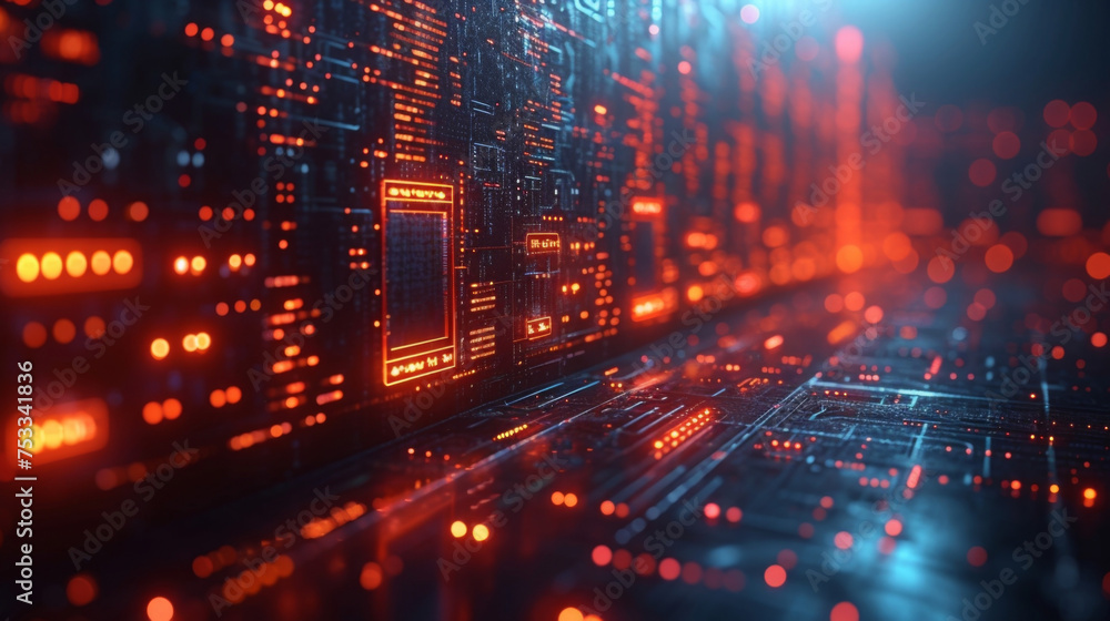 Obraz premium A dynamic and futuristic cityscape filled with holographic screens and projections serves as the backdrop for a motion graphic highlighting the potential of fintech and blockchain