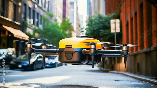 Delivery drone hovering in an urban alleyway.
