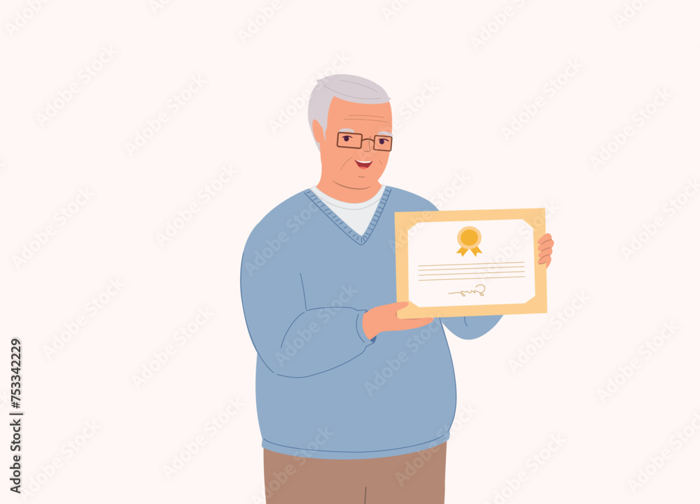 One Smiling Elderly Man Displaying His Certificate Of Appreciation. Half Length.