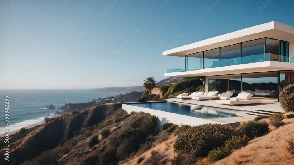 Obraz premium Stunning modern villa nestled in the hills of Malibu, California, offering breathtaking views of the Pacific Ocean