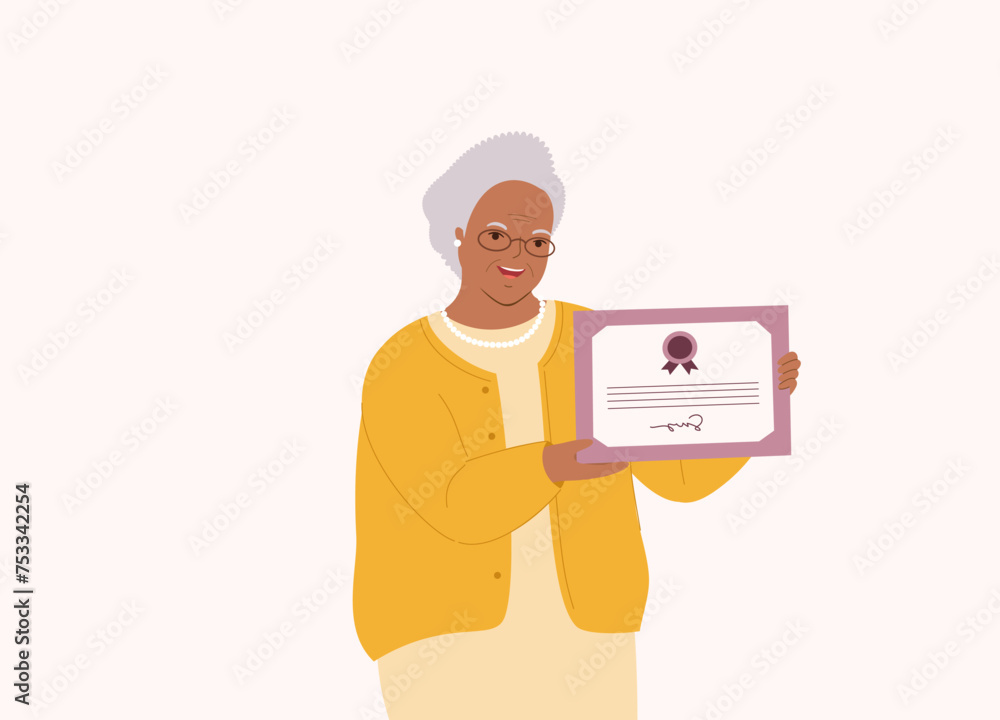 One Smiling Black Elderly Woman Displaying Her Certificate Of Appreciation. Half Length.