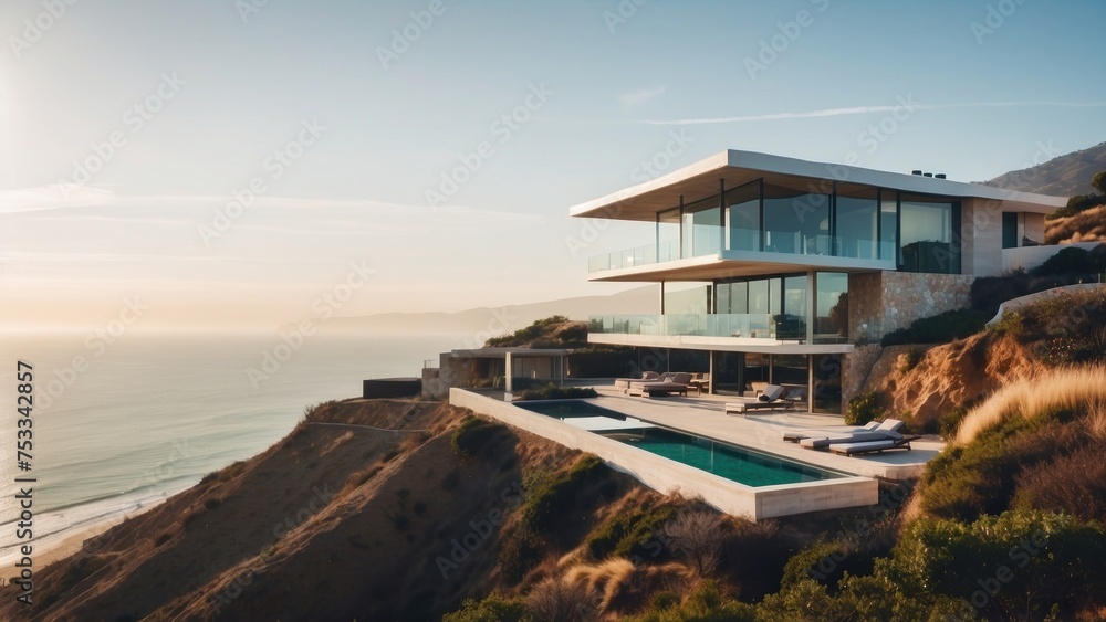Fototapeta premium Stunning modern villa nestled in the hills of Malibu, California, offering breathtaking views of the Pacific Ocean
