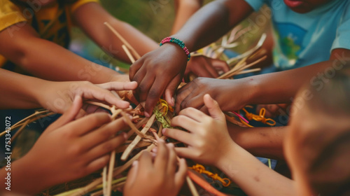 A closeup of a group of childrens hands as they work together to create a handmade craft.