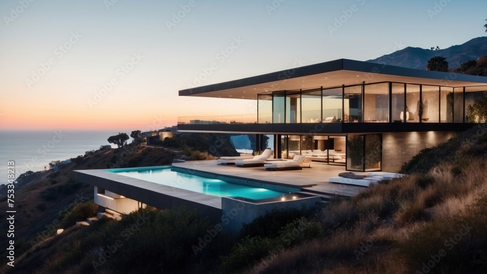 Fototapeta premium Stunning modern villa nestled in the hills of Malibu, California, offering breathtaking views of the Pacific Ocean