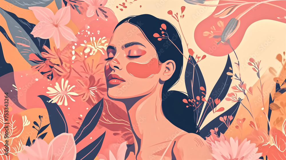 A serene illustrated portrait of a woman surrounded by a lush and vibrant array of stylized flowers and foliage.
