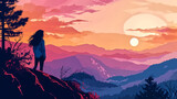 A silhouette of a solitary woman standing on a mountain edge, gazing at a breathtaking sunset with layers of mountains in the background.
