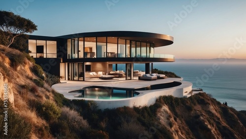 Stunning modern villa nestled in the hills of Malibu, California, offering breathtaking views of the Pacific Ocean photo