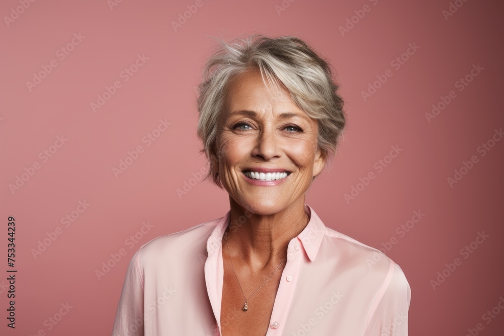 Portrait of a beautiful senior woman smiling at the camera against pink background Portrait of a beautiful senior woman smiling at the camera against pink background