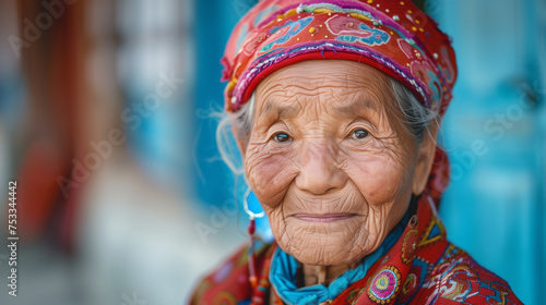 An old Chinese woman wearing a traditional red hat and blue scarf, captured in a portrait setting. Banner, copy space. Blurred background.