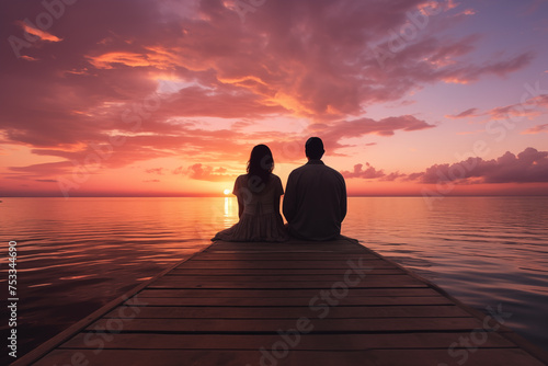 couple sitting on the pier at sunset