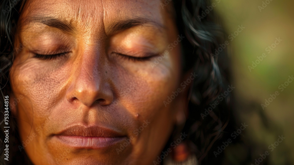 A closeup of a womans face her eyes closed in meditation. She is participating in a healing dance a highly spiritual and physical ritual that is believed to connect one to A closeup of a womans face her eyes closed in meditation. She is participating in a healing dance a highly spiritual and physical ritual that is believed to connect one to