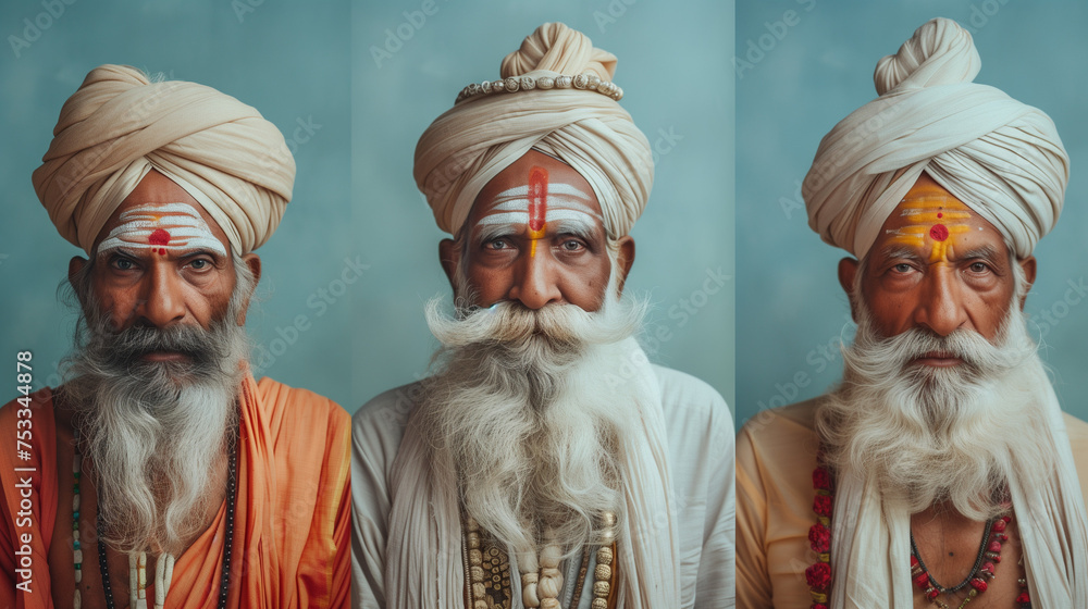 A series of three portraits showcasing an elderly Hindu men with white hair and impressive beards against a light blue background