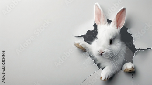 Easter bunny peeking out of a hole in the wall with copy space, rabbit jumps out of  hole