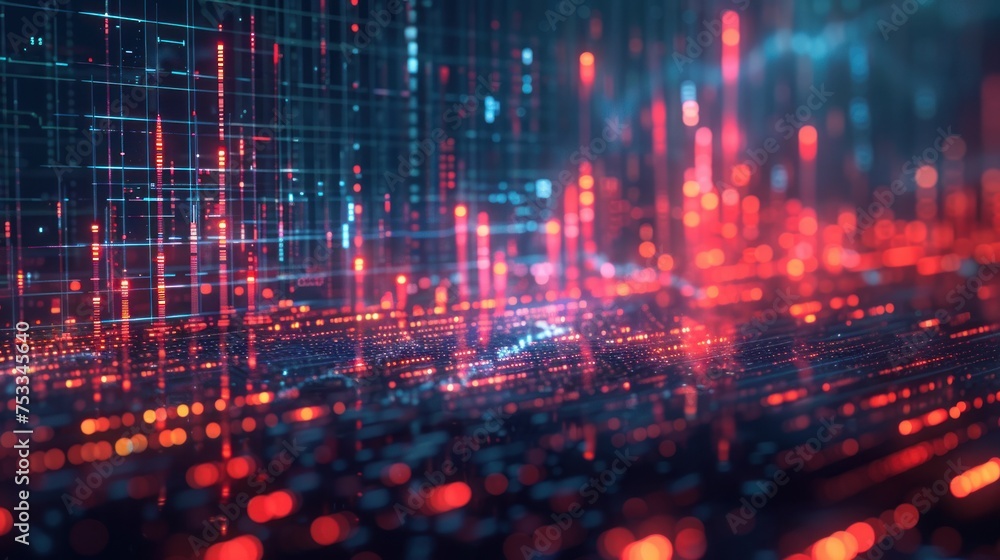 A dynamic representation of stock market data with glowing red graphs and charts against a dark, futuristic background. A dynamic representation of stock market data with glowing red graphs and charts against a dark, futuristic background.