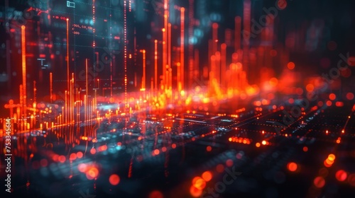 A dynamic representation of stock market data with glowing red graphs and charts against a dark, futuristic background.