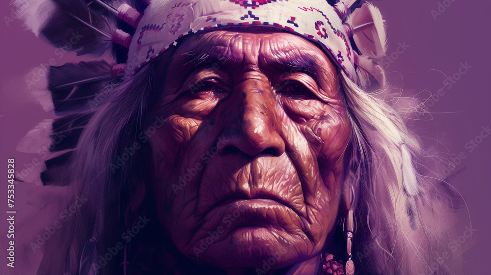 A painting showcasing a portrait of an old Native American Indian man on a purple background. A painting showcasing a portrait of an old Native American Indian man on a purple background.
