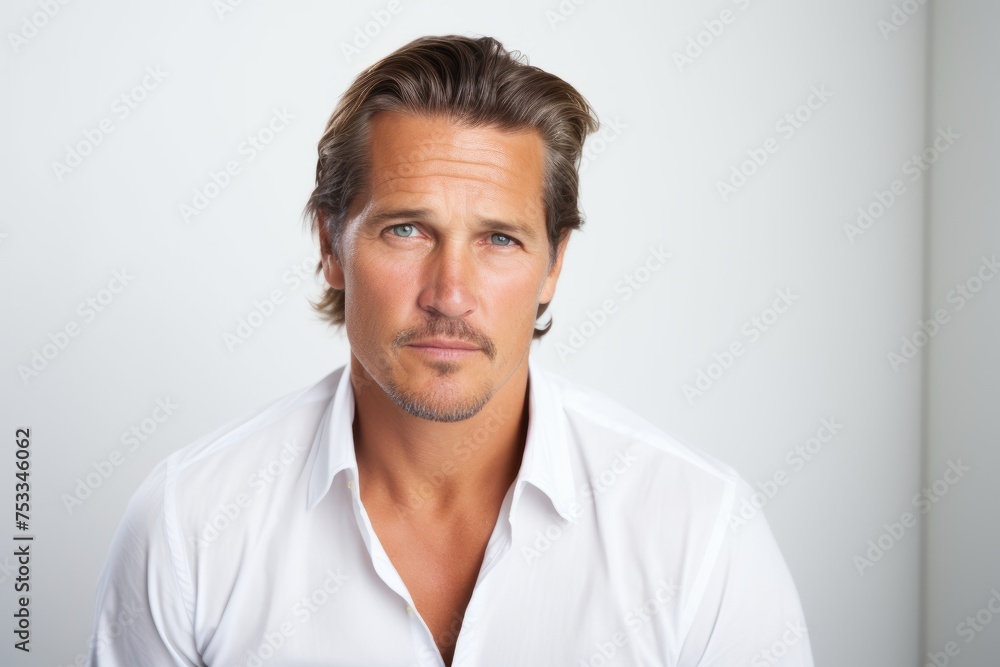 Portrait of a handsome mature man in white shirt looking at camera Portrait of a handsome mature man in white shirt looking at camera