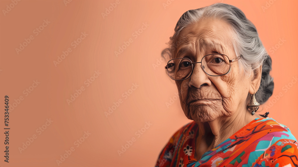 A portrait of an elderly Mexican woman wearing glasses and a vibrant scarf. Peach beige background. Banner, copy space. 