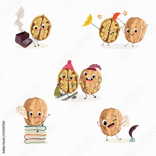Cute cartoon nut, walnut characters set, collection. Flat vector illustration. Activities, playing musical instruments, sports, funny nuts.