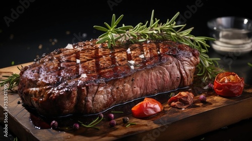 Grilled steak with melted barbeque sauce on a black and blurry background