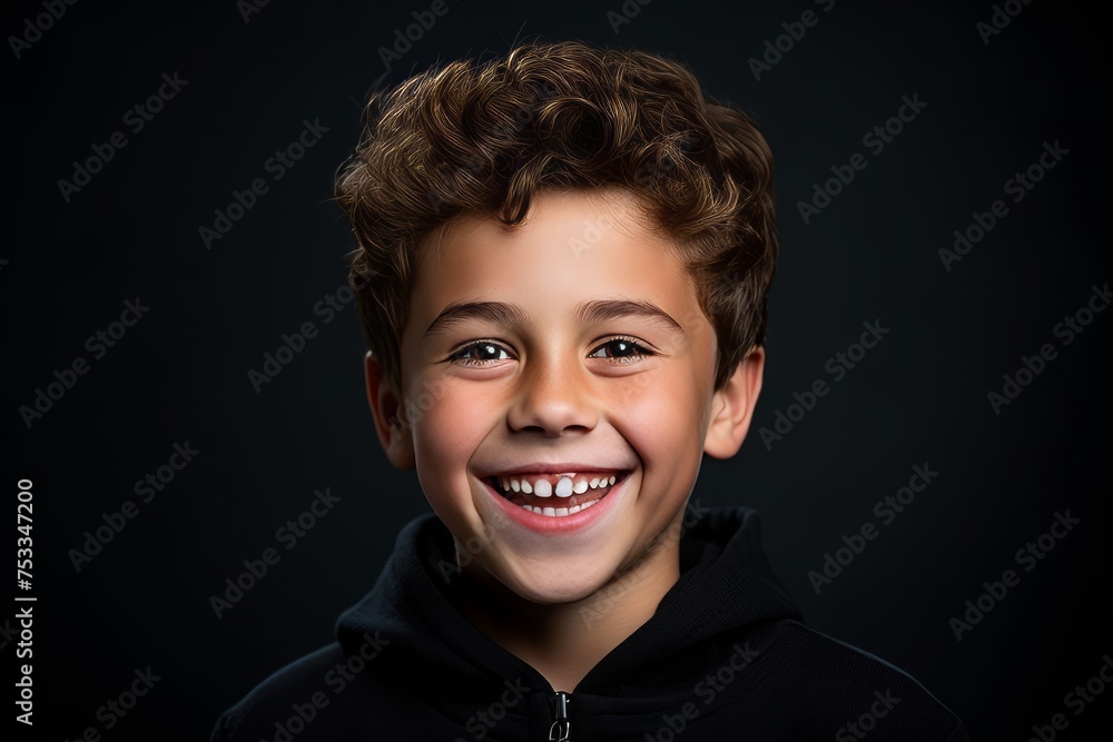 Closeup portrait of a smiling boy in black hoodie on dark background Closeup portrait of a smiling boy in black hoodie on dark background