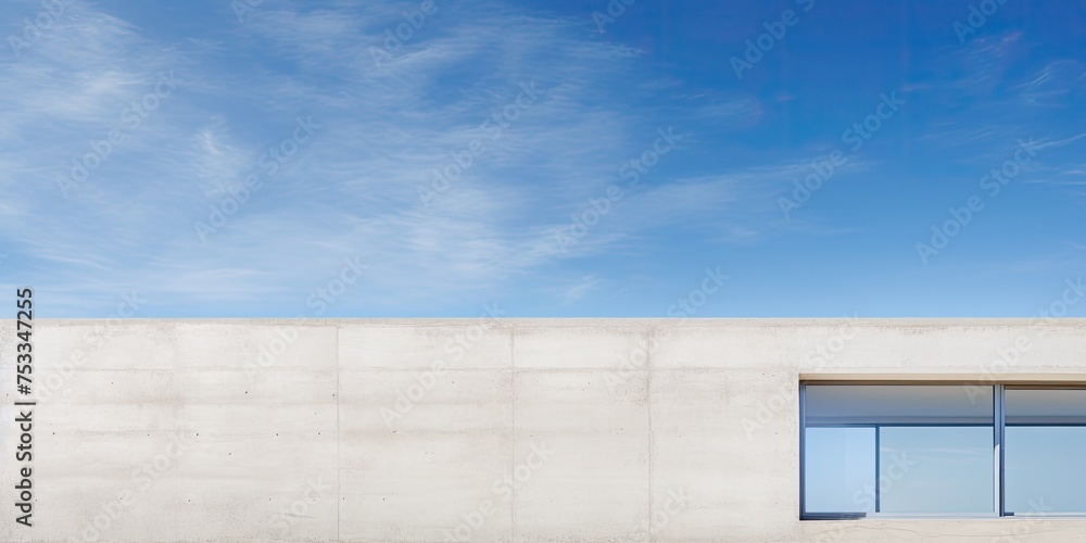 Minimal modern architecture, with a white cement exterior and an open window against a blue summer sky and clouds, featuring a concrete wall texture.
