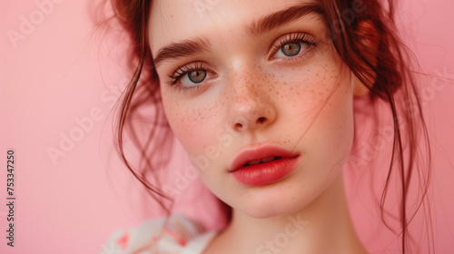 A close-up portrait of a young American teen girl with freckled hair and striking eyes