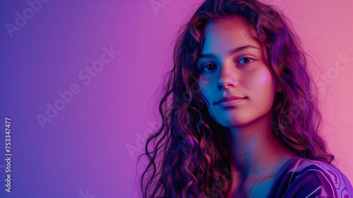 A portrait of a young American teen girl with long hair, standing in front of a purple and blue background, neon light. Banner, copy space. 