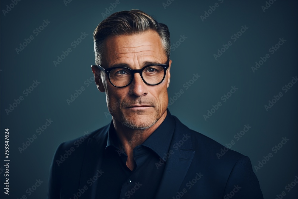 Portrait of a handsome mature man wearing glasses. Men's beauty, fashion.
