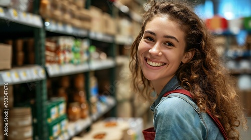 Happy Young Woman Shopping in Grocery Store