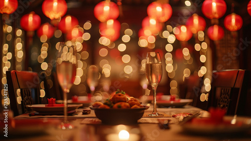 Intricately designed red lanterns hung above the table casting a warm glow on the feast of auious dishes prepared for Chinese New Year.