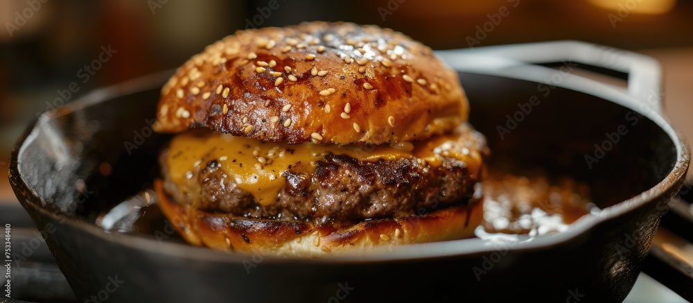 Cooking cheeseburger with melted cheese on a brioche bun using a cast iron skillet.