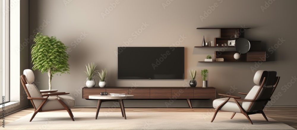 Fototapeta premium Modern Luxury Living Room with TV Cabinet Chairs and Decor in Vintage Empty Room