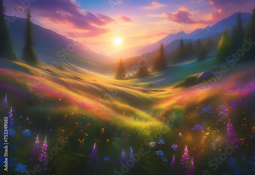Glowing Meadow, Meadow, Glowing, Illuminated, Radiant, Field, Grassland, Luminous, Magical, Enchanted, Fantasy, Surreal, Dreamlike, Ethereal, Landscape, AI Generated