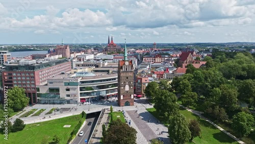 Aerial drone view of Kröpeliner Tor in Rostock , Germany . The Kröpeliner Tor was built in the Gothic style as the westernmost of the four large gates of the Rostock city fortification. photo