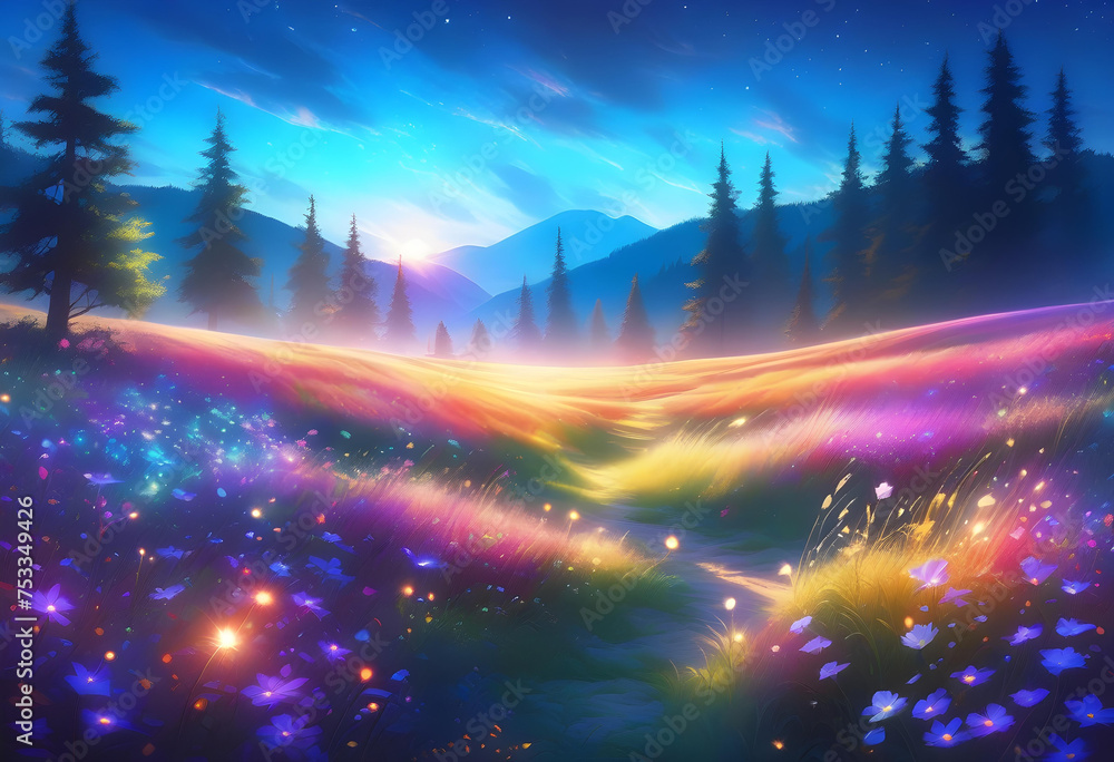 Glowing Meadow, Meadow, Glowing, Illuminated, Radiant, Field, Grassland, Luminous, Magical, Enchanted, Fantasy, Surreal, Dreamlike, Ethereal, Landscape, AI Generated