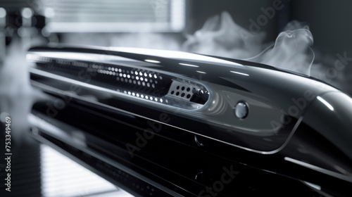 The steam vents of a hair straightener designed to release moisture and protect the hair from heat damage.