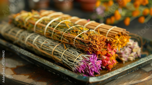 A bundle of thin dried herbs and flowers are tightly bound together and sit neatly on a tray ready to be used for moxibustion.