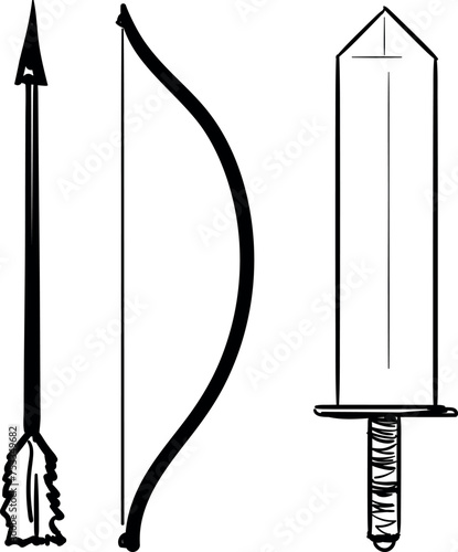 Icons or objects in the form of an arrow, bow and sword.