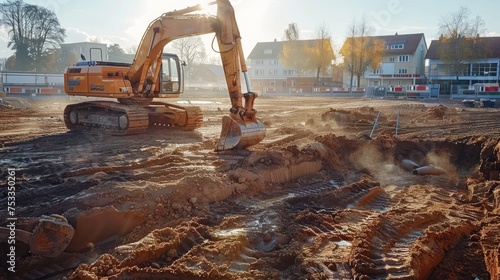 Big excavator on new construction site, in the background the blue sky and sun